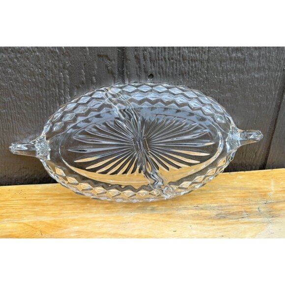 Vintage Fostoria Clear Glass 12" Divided Relish Dish Handles & Diamond Pattern - Picture 5 of 7